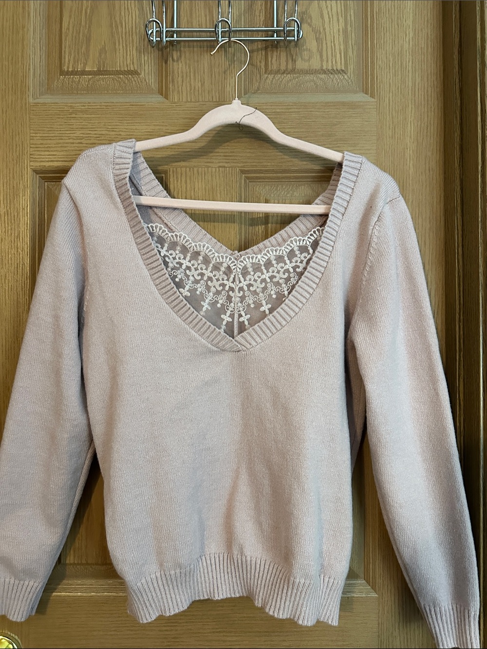 Women's Cream Lace-Back V-Neck Sweater